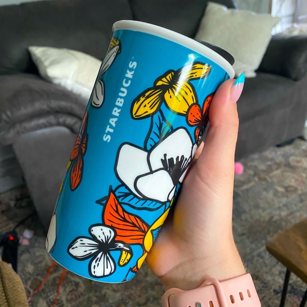 Starbucks hot/cold ceramic tumbler 12 oz floral flower cup